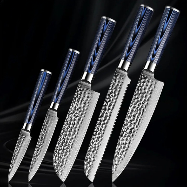 ChopMaster Pro Handmade Damascus Kitchen Knife Set - 5 Piece Blue G10 Handle Collection