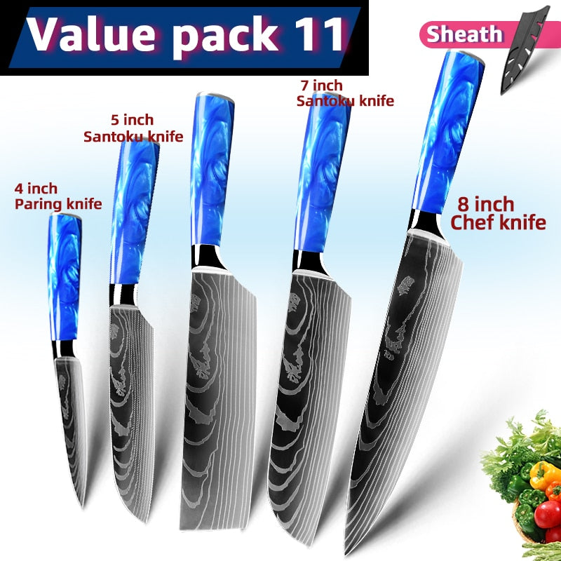 Brilliant Blue Premium Knife Set Chef Santoku Japanese Knife 7CR17 440C High Carbon Stainless Steel