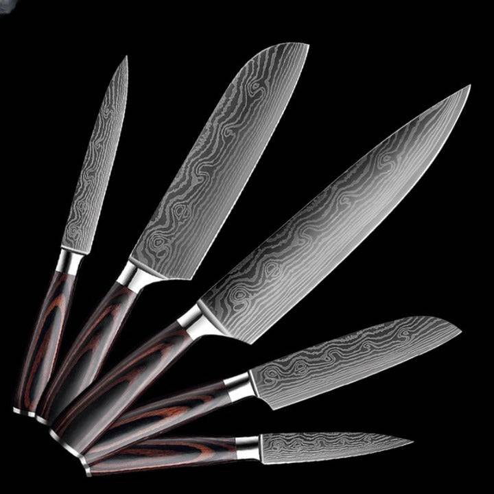 Custom Japanese Damascus Steel 6 Piece Jet Black Knife Set