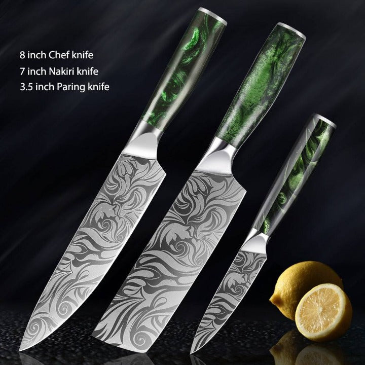 Japanese Damascus Steel Kitchen Knife Set Professional Grade Chef Knife Set  VG10 Damascus Steel Blades With Full-body G10 Handles 